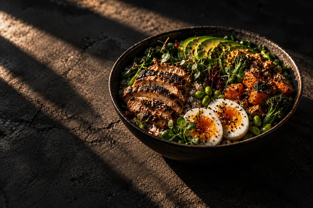 Bowl de poulet grillé, avocat, œufs mollets et légumes rôtis sur béton, lumière rasante